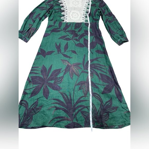 NWOT ZARA Women’s Green 100% Linen Midi Dress Long Sleeve Floral Crochet Size L - Picture 5 of 11